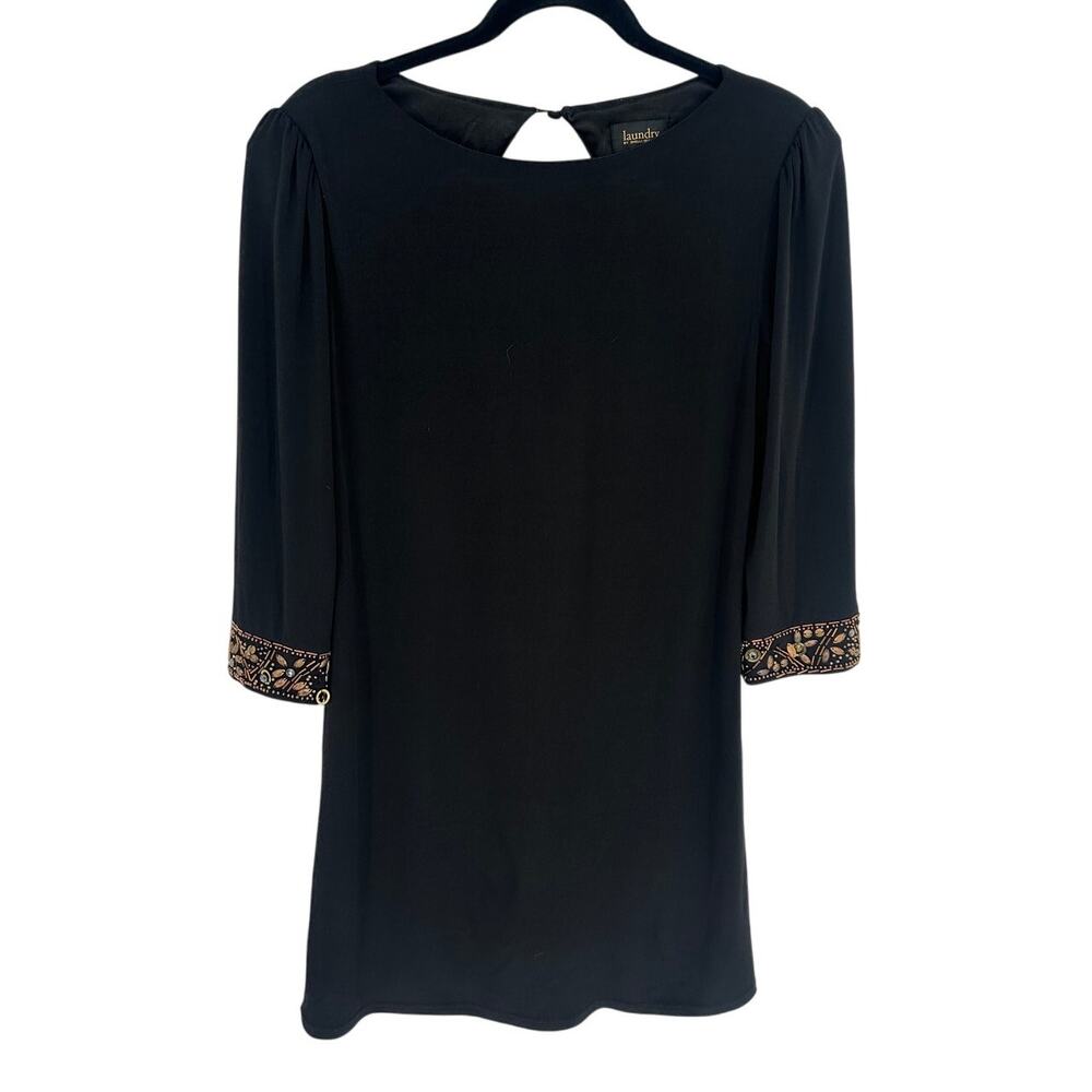 Laundry by Shelli Segal Black Shift Dress Embellished Cuffs Size 6 Cocktail Mini